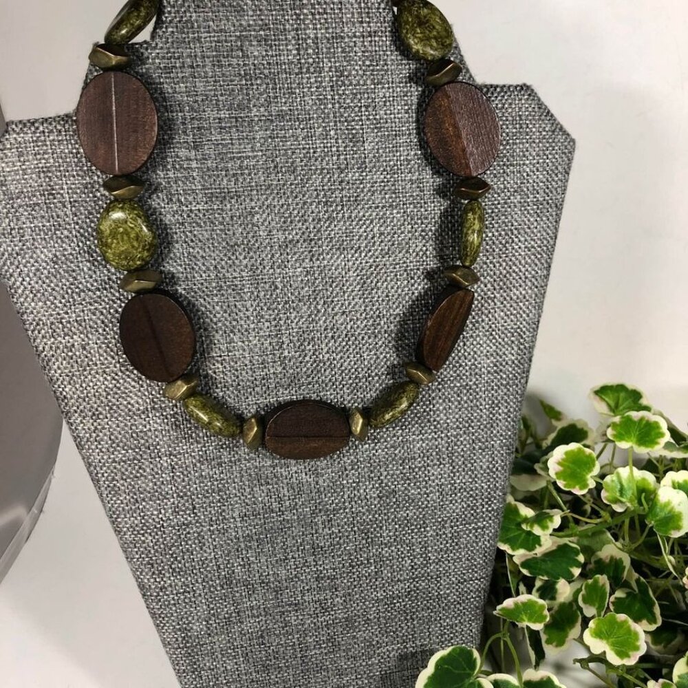 Brown Green Antique Gold Tone Wood Mixed Beads 18in Boho Necklace
